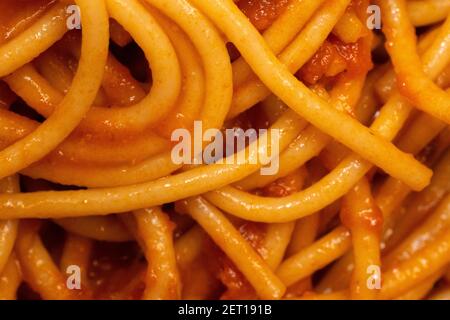 Fotografia macro estrema ravvicinata di spaghetti con salsa di pomodoro. Foto Stock