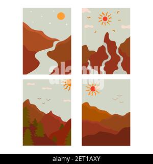 Set di schede verticali con paesaggi di montagna. Fiume, sole e uccelli. Pittura minimalista alla moda per gli interni. Illustrazione vettoriale colorata disegnata a mano Illustrazione Vettoriale