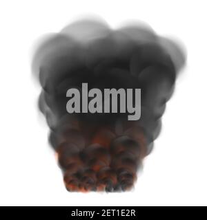Fumo nero dal fuoco. Immagine vettoriale di fumo nero spesso e realistico proveniente da un incendio isolato su uno sfondo bianco. Illustrazione Vettoriale