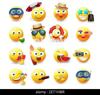 Set vettore emoticon estivo Smileys. Emoji smiley in giallo icona con carattere estivo con spiaggia ed elementi di viaggio isolati in bianco sfondo. Illustrazione Vettoriale