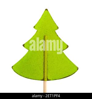 Dolce lollipop sotto forma di un albero di Natale verde su sfondo bianco Foto Stock