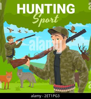 Trofeo di caccia agli animali. Personaggio Hunter in uniforme camouflage con obiettivo in anatra volante, tenendo doppio fucile su spalla, volpe e lupo, alci e dra Illustrazione Vettoriale