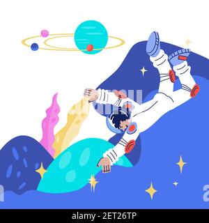 Banner quadrato o sfondo poster per il giorno della Cosmonautica con astronauta o personaggio comico donna spazio. Ricerca Universe, esplorazione spaziale ed educare Illustrazione Vettoriale