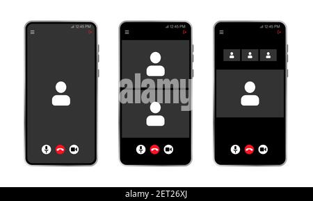 Interfaccia utente per riunioni video di gruppo, sovrapposizione finestra chiamate in videoconferenza. Tre schermi del telefono Illustrazione Vettoriale