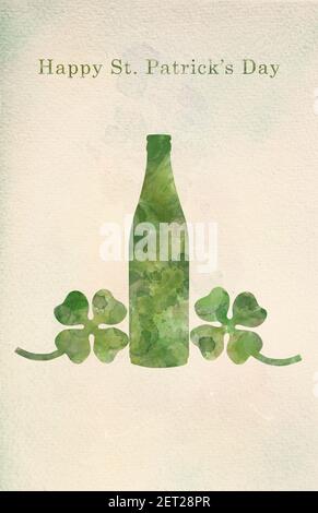 Bottiglia di birra verde e trifogli a quattro foglie in pittura acquerello. Buon giorno di San Patrizio. Modello biglietto di auguri. Foto Stock