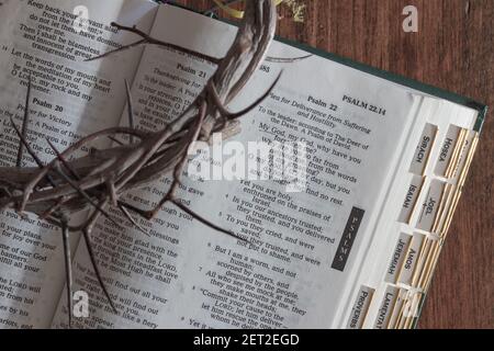 Primo piano della corona di spine sulla bibbia aperta su sfondo di legno scuro Foto Stock