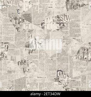 Giornale carta grunge carta da giornale patchwork senza cuciture motivo sfondo. Imitazione trendy cucito pezzi di giornali in stile patchwork. Grigio vintage ar Foto Stock