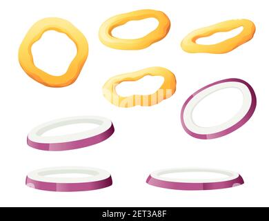 Anelli di cipolla fritti spuntini gustosi per vettore di fast food birra immagine isolata su sfondo bianco Illustrazione Vettoriale