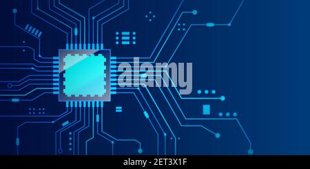 Banner del processore Microchip con sfondo blu. Illustrazione vettoriale. Illustrazione Vettoriale