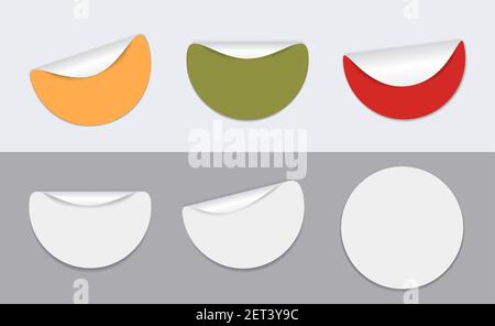 Set di adesivi rotondi bianchi e colorati con angolo ripiegato su sfondo grigio Illustrazione Vettoriale
