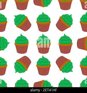 Illustrazione sul tema festa irlandese San Patrizio giorno, muffin verdi senza cuciture. Il giorno di San Patrizio è composto da molti muffin identici su dorso bianco Illustrazione Vettoriale