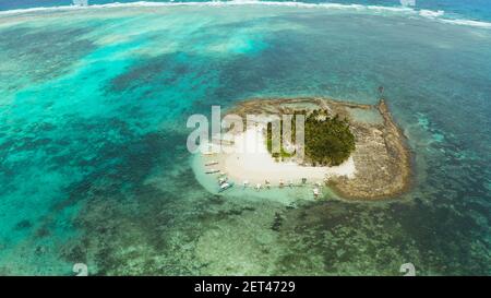 Isola tropicale nell'oceano con palme sulla spiaggia di sabbia bianca. Isola Guyam, Filippine, Siargao. Estate viaggi e concetto di vacanza Foto Stock