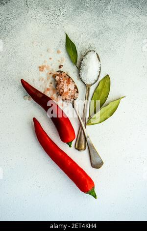 Vista dall'alto di due cucchiai vintage riempiti di sale al peperoncino rosso e foglie di alloro Foto Stock