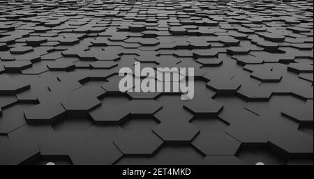 Fondo nero esagonale. illustrazione 3d. Foto Stock