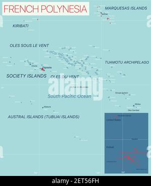 Polinesia Francese Mappa dettagliata modificabile con città e città, siti geografici. File vettoriale EPS-10 Illustrazione Vettoriale
