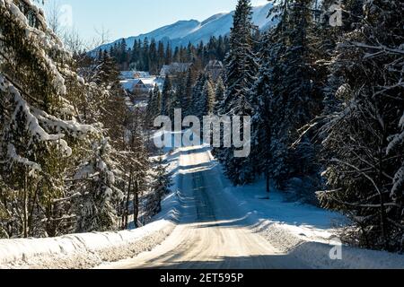 strada panoramica di montagna in scenario invernale Foto Stock