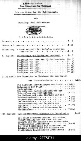 Paul Sültenfuß, Das Düsseldorfer Wohnhaus bis zur Mitte des 19. Jahrhunderts, (Diss. TH Aachen), 1922, Inhaltsangabe, 1. Seite. Foto Stock