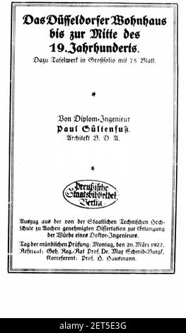 Paul Sültenfuß, Das Düsseldorfer Wohnhaus bis zur Mitte des 19. Jahrhunderts, (Diss. TH Aachen), 1922, Titelblatt. Foto Stock