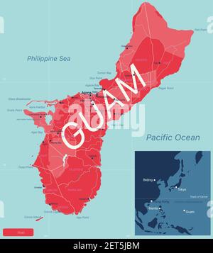 GUAM Mappa dettagliata modificabile con regioni città e città, strade e ferrovie, siti geografici. File vettoriale EPS-10 Illustrazione Vettoriale