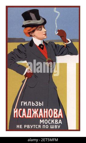 Poster pubblicitario russo di stile del 1900 per carte di sigaretta Mosca Russia. "Le sigarette di Isadzhanov non si strappano alla cucitura". Mosca Russia 1900 Foto Stock