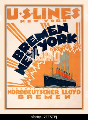 Vintage US-Lines Travel 1930's Bremen New York poster litografia, transatlantico Ocean Liner 4 imbuto Steamer Steamship Ocean Liner transatlantico poster originale stampato da Hauschild Bremen 1934 Norddeutscher Lloyd artista A. Ritscher Foto Stock