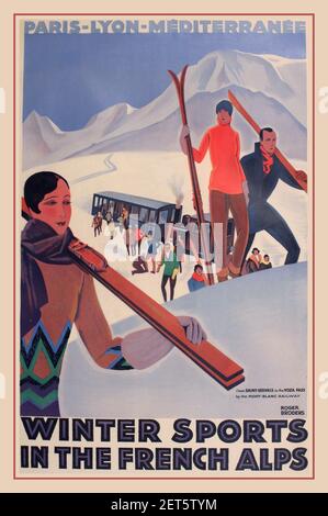 Vintage Travel 1930's Winter Sports sciare nelle Alpi francesi, poster originale stampato da la Serre & Cie, Imp. Parigi 1930 - Roger Broders (1883-1953) Foto Stock