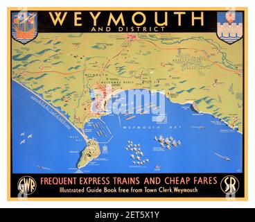 WEYMOUTH Vintage UK Travel Vacation Train Tour Poster Map Coastline 'Dilly's Weymouth and District, poster originale stampato per GWR e SR da Baynard 1947 Foto Stock