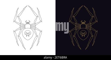 Logo Spider con cranio vampiro e grappoli, tratto modificabile. Ragno nero e dorato con profilo e arti affilati. Set di tatuaggio e logotipo Illustrazione Vettoriale