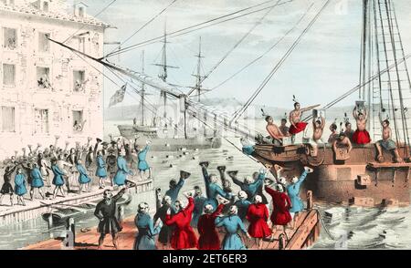 Boston Tea Party. "The Destruction of Tea at Boston Harbor" di Sarony & Major, litografia a colori, 1846 Foto Stock