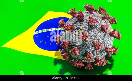 Coronavirus covid-19 sulla bandiera brasiliana. Concetto variante. rendering 3d. Foto Stock