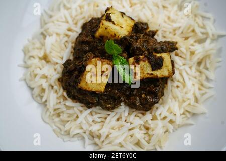 Palak Paneer o Saag Paneer con riso basmati al vapore sfondo bianco Foto Stock
