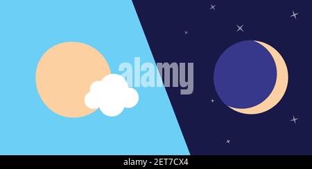 Giorno con le nuvole e notte con le stelle. Modalità scuro e luminoso. Vettore Illustrazione Vettoriale