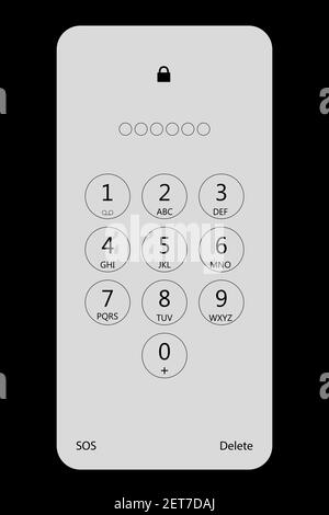 Schermata di blocco della password digitale per smartphone sulla schermata di blocco del telefono. Tastiera dell'interfaccia utente per smartphone. Modello di tastiera su un dispositivo touch. Vettore Illustrazione Vettoriale