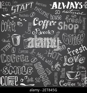 Ampia serie di diversi elementi di caffè fatti a mano: Lettere, testo, tazze, tazze e chicchi. Illustrazione vettoriale in bianco e nero. Illustrazione Vettoriale