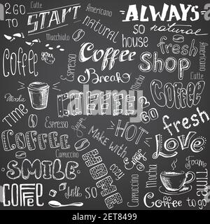 Ampia serie di diversi elementi di caffè fatti a mano: Lettere, testo, tazze, tazze e chicchi. Illustrazione vettoriale in bianco e nero. Illustrazione Vettoriale
