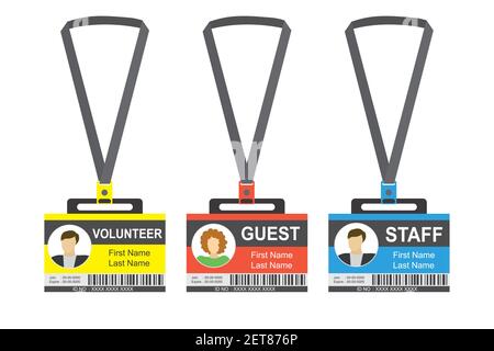 Set di tre badge o schede id in plastica e laminata, piatte modello, isolato su sfondo bianco, illustrazione vettoriale Illustrazione Vettoriale