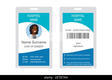 Badge medico o carta d'identità in plastica e laminato, vista frontale e posteriore, faccia femmina del medico afroamericano, isolato su sfondo bianco, modello piatto con Illustrazione Vettoriale
