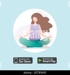Yoga o fitness App mobile, logo o icona, donna in posizione lotus, design piatto modello, illustrazione vettoriale. Illustrazione Vettoriale