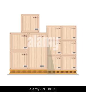 Scatole su pallet legnoso, scatole di legno di magazzino pacchi vista frontale stack, isolato su sfondo bianco, illustrazione vettoriale piatta Illustrazione Vettoriale