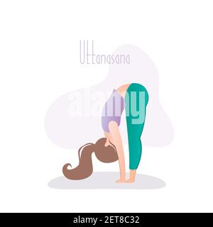 Ragazza in piedi in posa yoga, in piedi Forward Bend posa o uttanasana asana in hatha yoga, vettore illustrazione in stile trendy Illustrazione Vettoriale