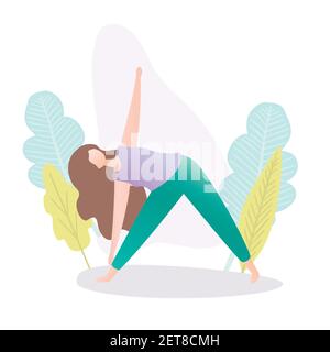 Ragazza in piedi in posa yoga, la posa Triangolo è un asana in hatha yoga, illustrazione vettoriale in stile trendy. Illustrazione Vettoriale