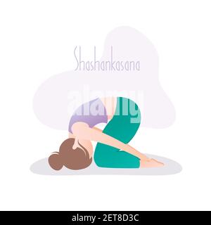 Ragazza che fa yoga posa, Rabbit posa o Shashankasana in hatha yoga, vettore illustrazione in stile trendy Illustrazione Vettoriale