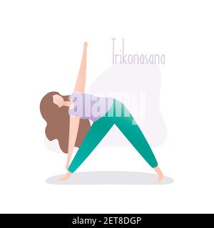 Ragazza in piedi in posa yoga, la posa Triangle è un asana in hatha yoga, illustrazione vettoriale in stile trendy Illustrazione Vettoriale