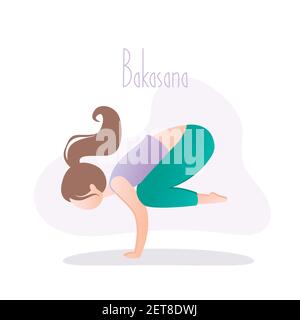 Donna che fa yoga posa, Crow posa o Bakasana asana in hatha yoga, illustrazione vettoriale in stile trendy Illustrazione Vettoriale