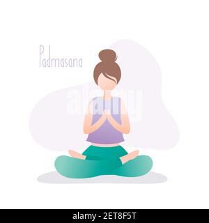 Ragazza seduta in posa yoga, posa loto o Padmasana asana in hatha yoga, illustrazione vettoriale in stile trendy. Illustrazione Vettoriale