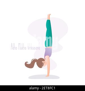 Ragazza che fa yoga posa, handstand o Adho Mukha Vrksasana asana in hatha yoga, illustrazione vettoriale in stile trendy Illustrazione Vettoriale