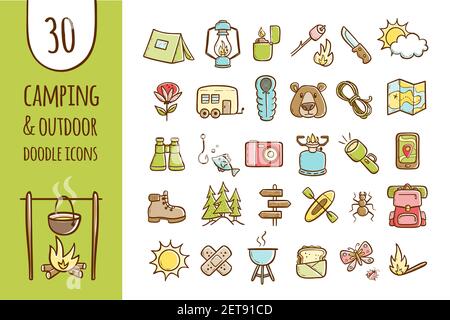 Camping e attrezzature per escursioni icone. Collezione di 30 elementi forestali e da campeggio disegnati a mano. Vettore isolato su sfondo bianco. Illustrazione Vettoriale
