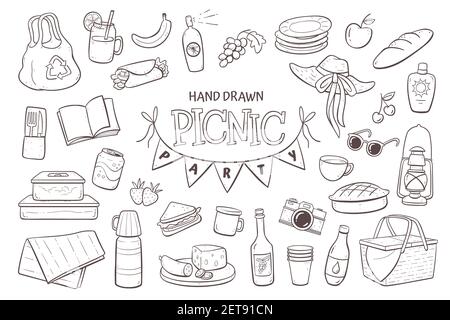 Set per noodle da picnic. Elementi da picnic disegnati a mano isolati su sfondo bianco. Illustrazione Vettoriale