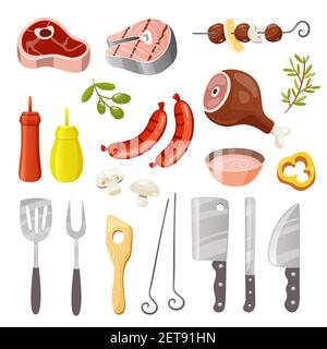 Estate barbecue festa cartoon icone collezione con pesce alla griglia, carne, bastone, salsicce, salse e forniture. Illustrazione vettoriale isolata. Illustrazione Vettoriale
