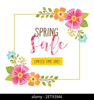Carta floreale per la vendita primaverile con testo dell'offerta a tempo limitato incluso. Carino cornice floreale, perfetto per sfondi, carte, poster e altre risorse di vendita. Ve Illustrazione Vettoriale